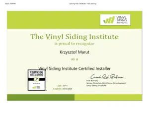 a certificate of a Vinyl Siding Institute